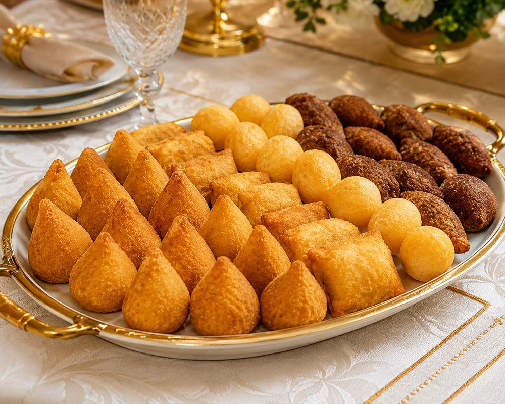 Salgadinhos de festa dourados e crocantes